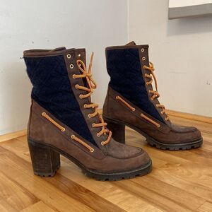 Hunter Black & Brown Leather Quilted Henson Heeled Lace Up Boot Size 35 EU